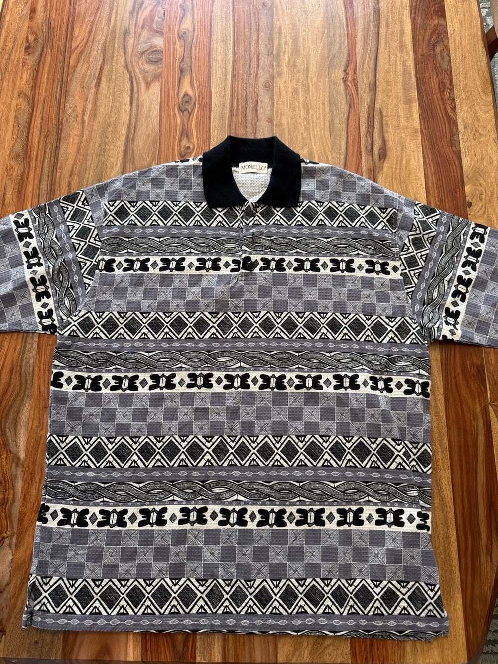 Monello Vintage Geometric Tribal Print Waffle Knit Polo Shirt